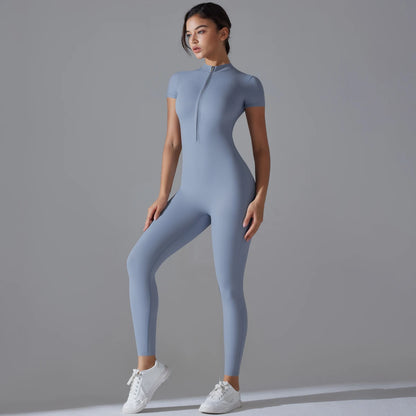 Fitness-Jumpsuit für Damen – Einteiler mit Reißverschluss und Kurzarm