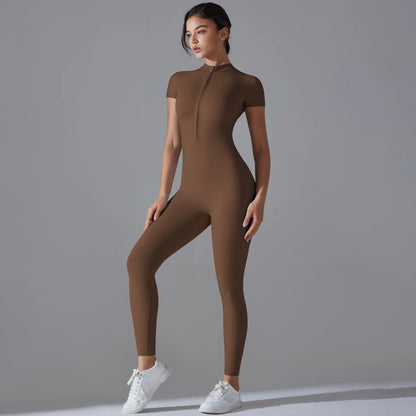 Fitness-Jumpsuit für Damen – Einteiler mit Reißverschluss und Kurzarm