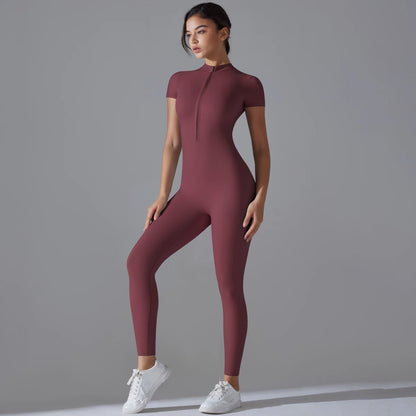 Fitness-Jumpsuit für Damen – Einteiler mit Reißverschluss und Kurzarm