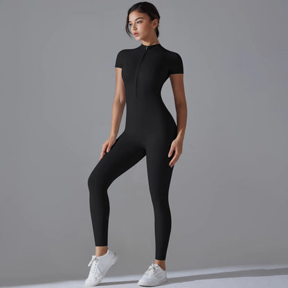Fitness-Jumpsuit für Damen – Einteiler mit Reißverschluss und Kurzarm